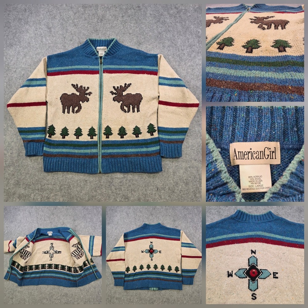 VTG American Girl Brand Sweater Womens Large Moose Compass Full Zip Wool USA